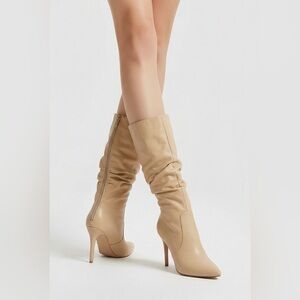 Women’s tan pointed knee boots booties heels G7L056 new in box